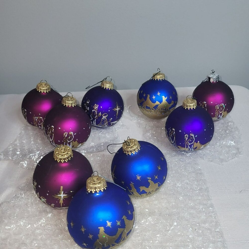 Set Of 10 Christmas Ornaments With Nativity Scenes & Starry Night Design 3.5" Di